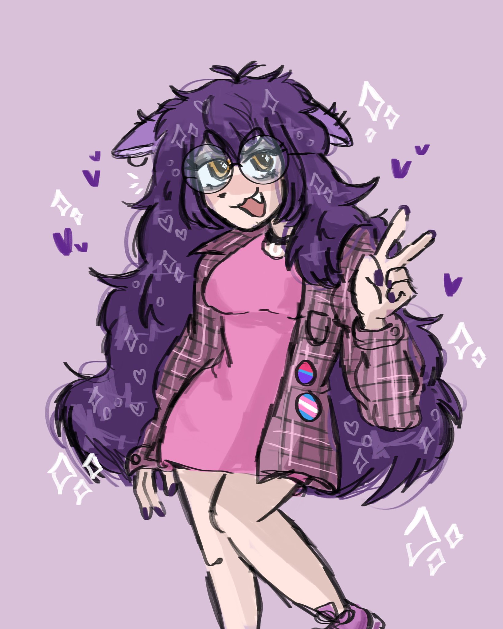 my OC as previously described, in yet another art style, doing a piece sign. she looks like she hasnt showered in a week and is overall a gremlin of a person